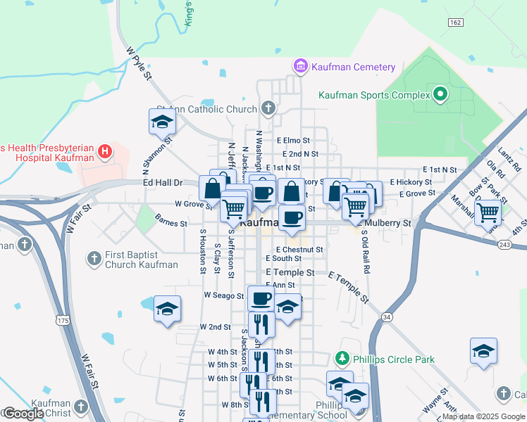 map of restaurants, bars, coffee shops, grocery stores, and more near in Kaufman