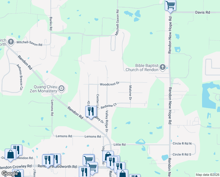 map of restaurants, bars, coffee shops, grocery stores, and more near 6327 Valley Ridge Drive in Fort Worth