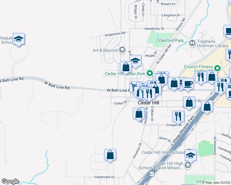 map of restaurants, bars, coffee shops, grocery stores, and more near 903 Brandenburg Street in Cedar Hill