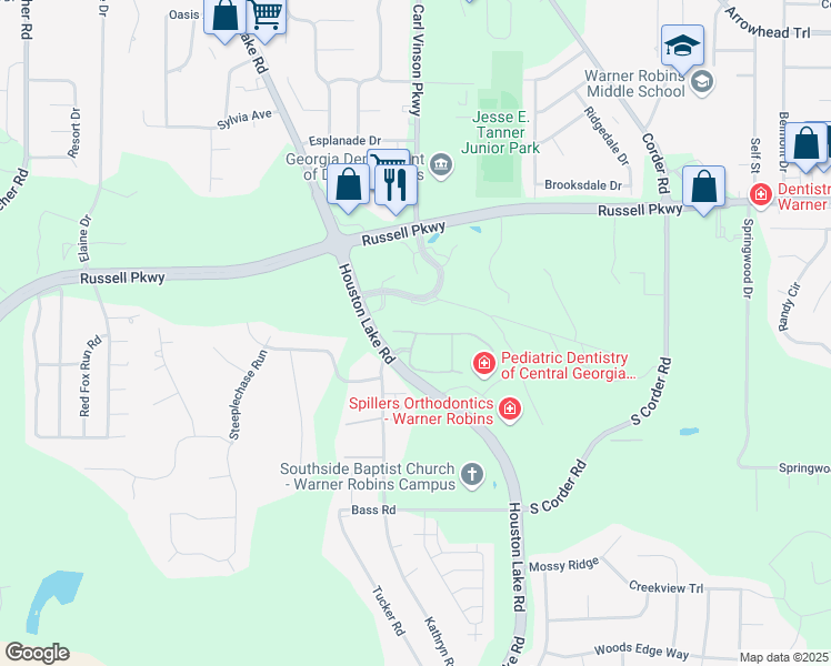 map of restaurants, bars, coffee shops, grocery stores, and more near 101 Huntington Chase Circle in Warner Robins