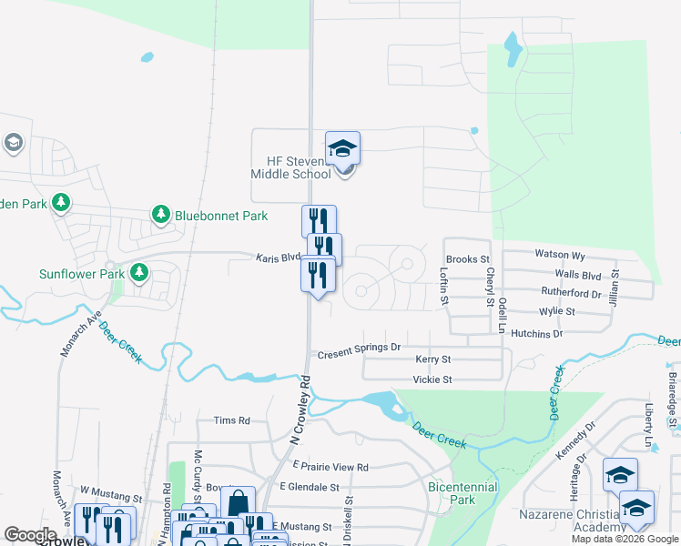 map of restaurants, bars, coffee shops, grocery stores, and more near 840 North Crowley Road in Crowley
