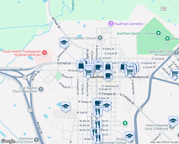 map of restaurants, bars, coffee shops, grocery stores, and more near 202 West Grove Street in Kaufman