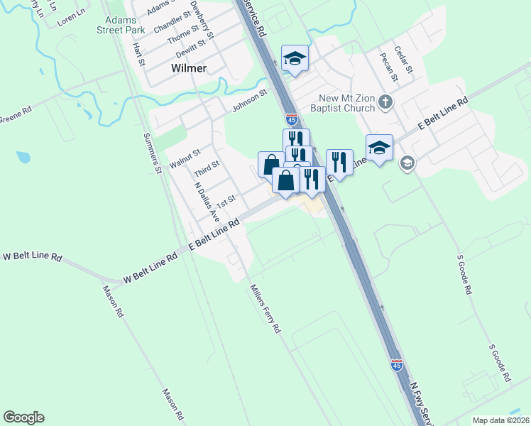 map of restaurants, bars, coffee shops, grocery stores, and more near 329 East Belt Line Road in Wilmer