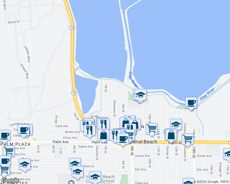 map of restaurants, bars, coffee shops, grocery stores, and more near 394 Delaware Street in Imperial Beach
