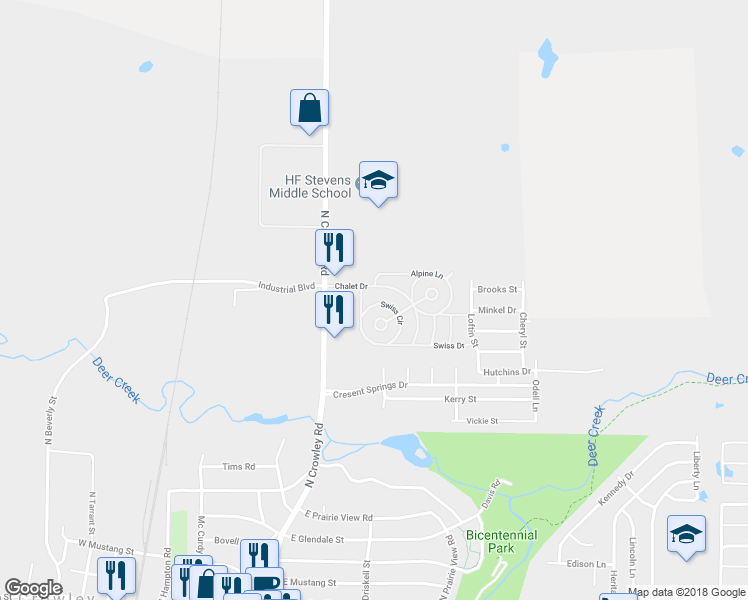 map of restaurants, bars, coffee shops, grocery stores, and more near 313 Swiss Circle in Crowley