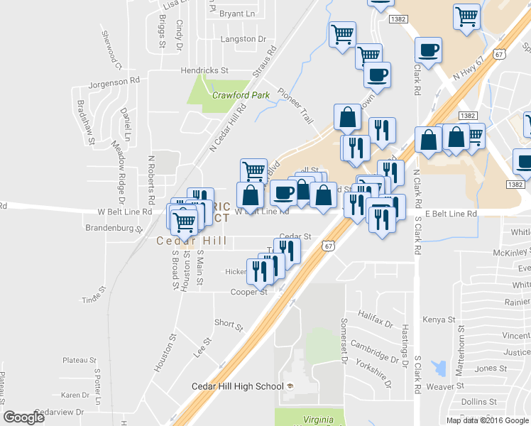 map of restaurants, bars, coffee shops, grocery stores, and more near 301 West Belt Line Road in Cedar Hill