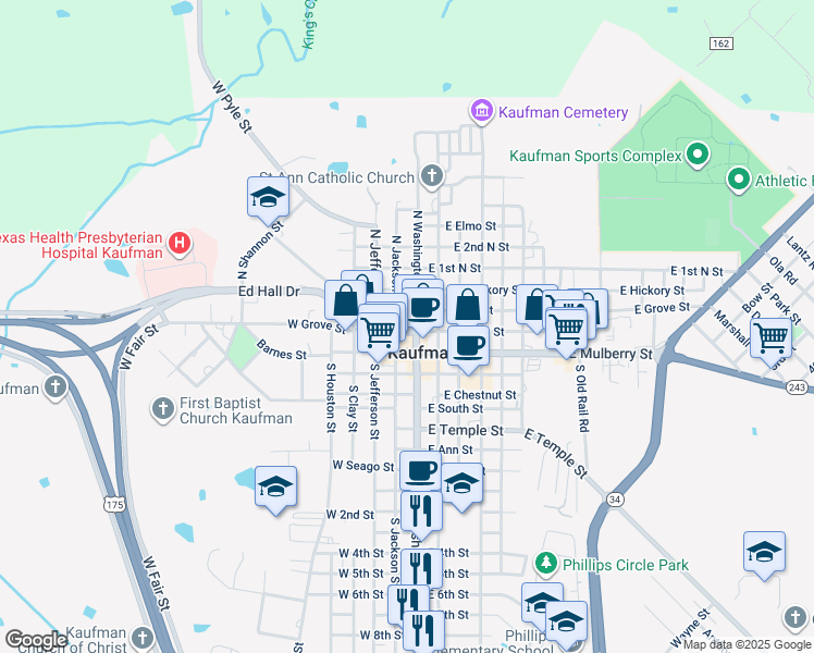 map of restaurants, bars, coffee shops, grocery stores, and more near in Kaufman