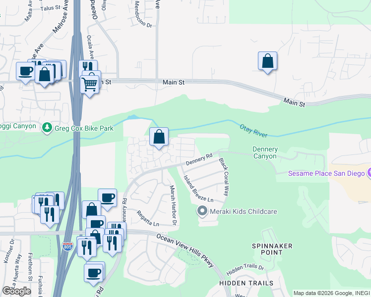 map of restaurants, bars, coffee shops, grocery stores, and more near 5014 Ballast Lane in San Diego