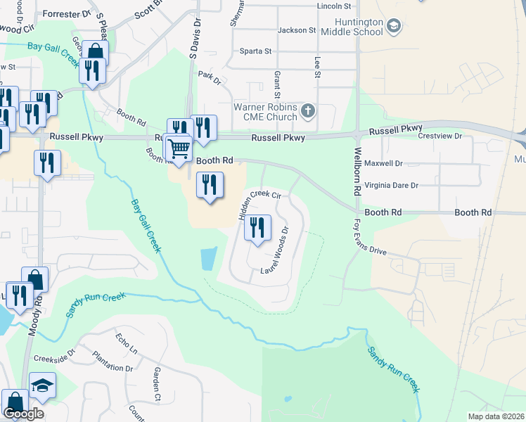 map of restaurants, bars, coffee shops, grocery stores, and more near 605 Hidden Creek Circle in Warner Robins