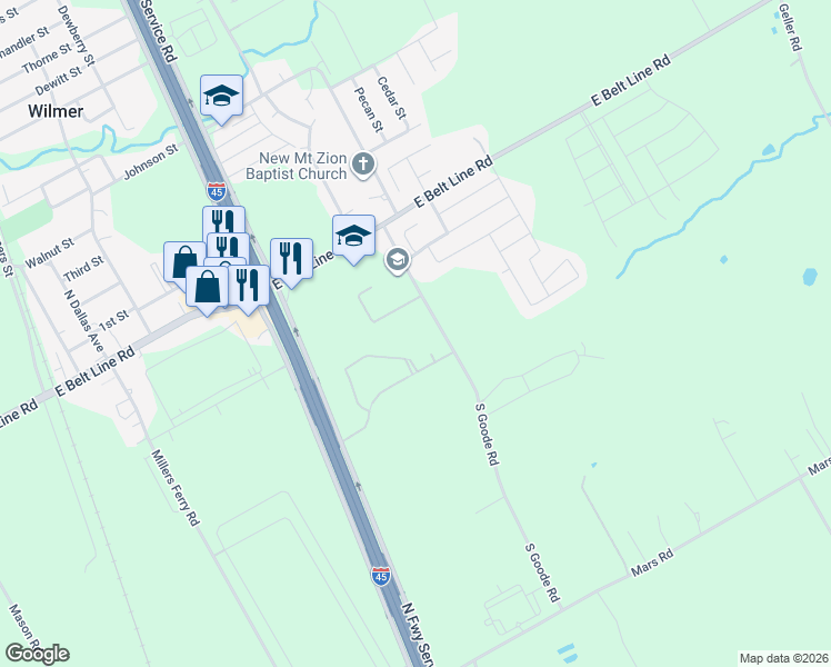 map of restaurants, bars, coffee shops, grocery stores, and more near 307 South Goode Road in Wilmer
