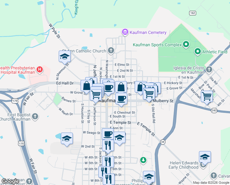 map of restaurants, bars, coffee shops, grocery stores, and more near 203 East Grove Street in Kaufman