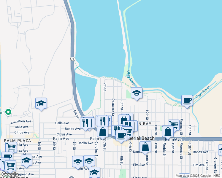 map of restaurants, bars, coffee shops, grocery stores, and more near 416 Delaware Street in Imperial Beach