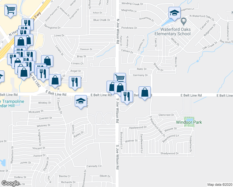 map of restaurants, bars, coffee shops, grocery stores, and more near 101 North Joe Wilson Road in Cedar Hill