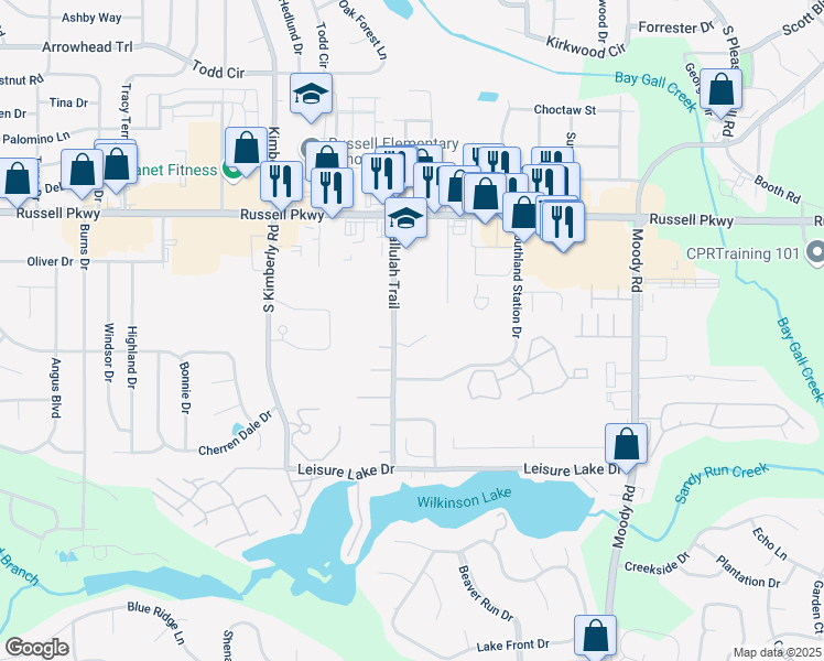 map of restaurants, bars, coffee shops, grocery stores, and more near 645 Tallulah Trail in Warner Robins