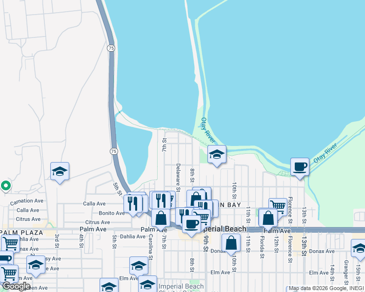 map of restaurants, bars, coffee shops, grocery stores, and more near 413 Delaware Street in Imperial Beach
