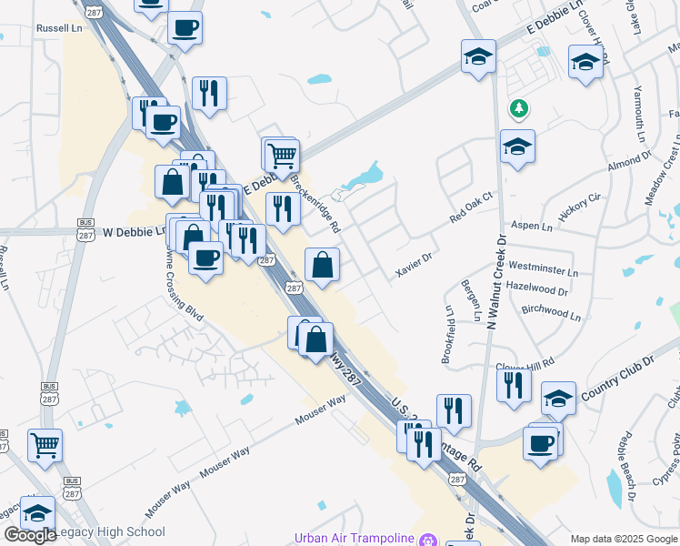 map of restaurants, bars, coffee shops, grocery stores, and more near 736 Kensington Lane in Mansfield
