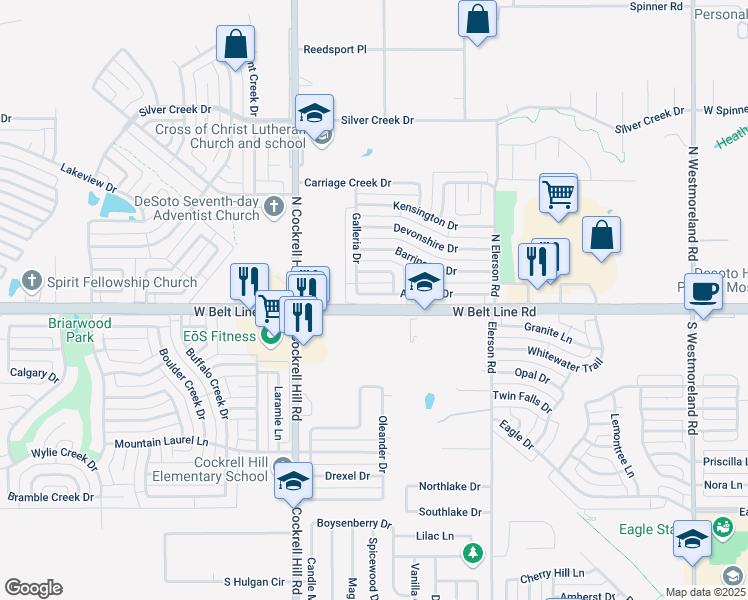 map of restaurants, bars, coffee shops, grocery stores, and more near 1223 Ashford Drive in DeSoto