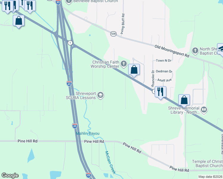 map of restaurants, bars, coffee shops, grocery stores, and more near 1006 North Lane Drive in Shreveport