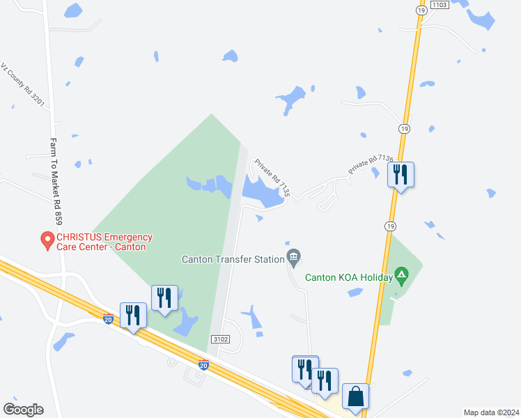 map of restaurants, bars, coffee shops, grocery stores, and more near 141 Private Road 7135 in Canton