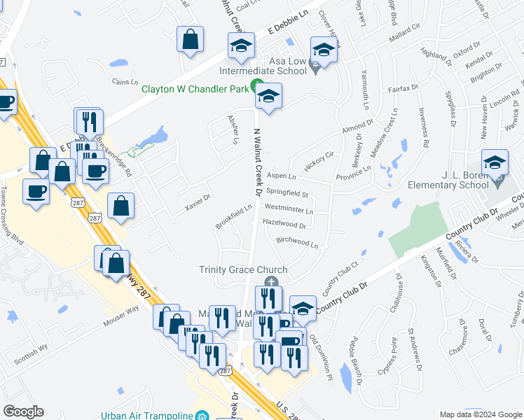 map of restaurants, bars, coffee shops, grocery stores, and more near 1000 Westminster Lane in Mansfield