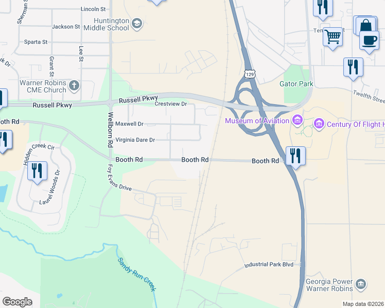 map of restaurants, bars, coffee shops, grocery stores, and more near 1087 Booth Road in Warner Robins