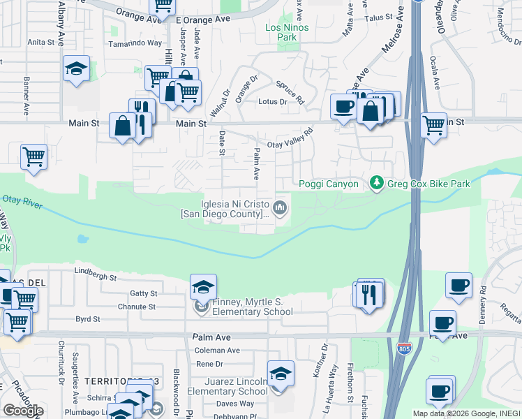 map of restaurants, bars, coffee shops, grocery stores, and more near 357 Palm Avenue in Chula Vista