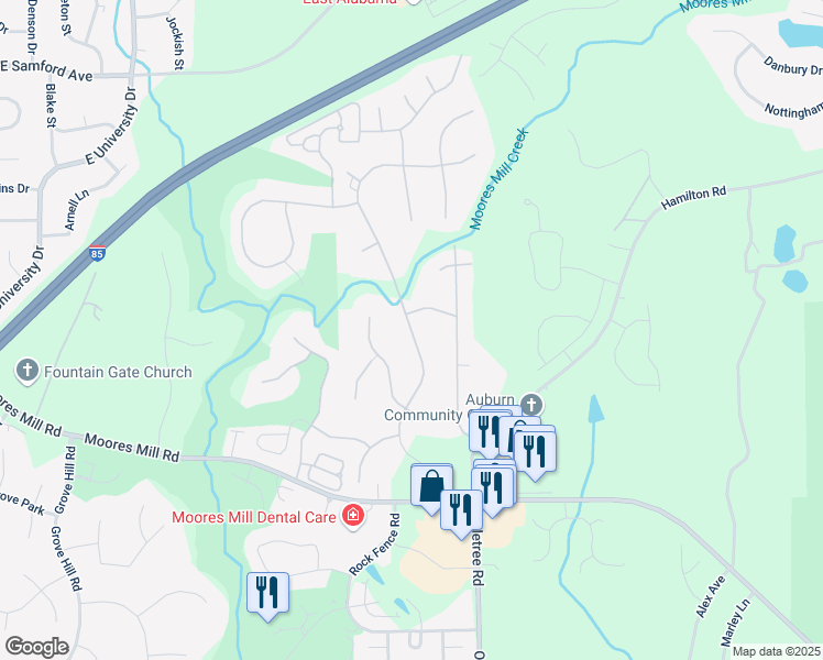 map of restaurants, bars, coffee shops, grocery stores, and more near Moores Mill Drive in Auburn