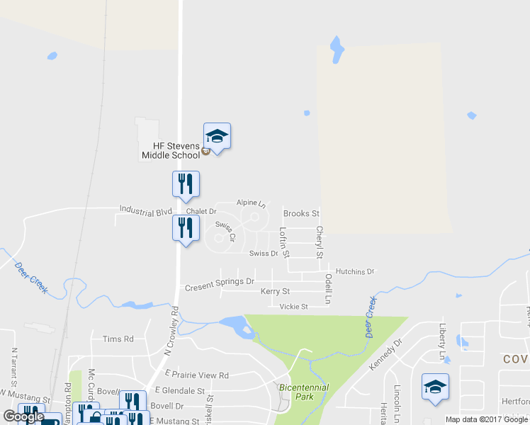 map of restaurants, bars, coffee shops, grocery stores, and more near 454 Alpine Lane in Crowley