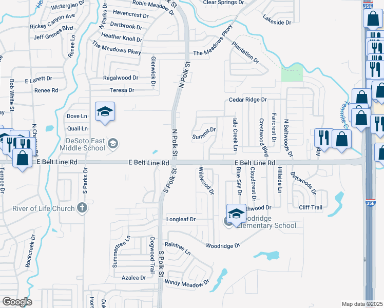 map of restaurants, bars, coffee shops, grocery stores, and more near 817 East Belt Line Road in DeSoto