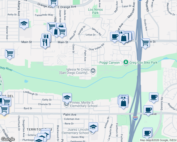 map of restaurants, bars, coffee shops, grocery stores, and more near 333 Palm Avenue in Chula Vista