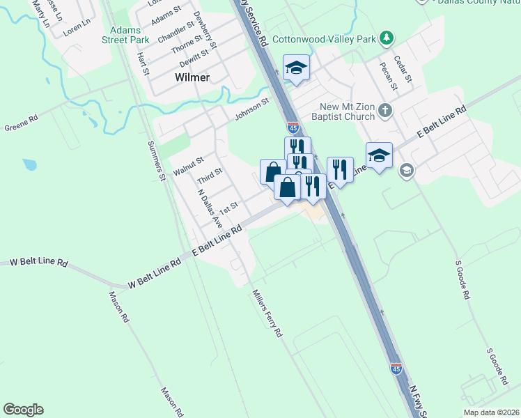 map of restaurants, bars, coffee shops, grocery stores, and more near 325 East Belt Line Road in Wilmer