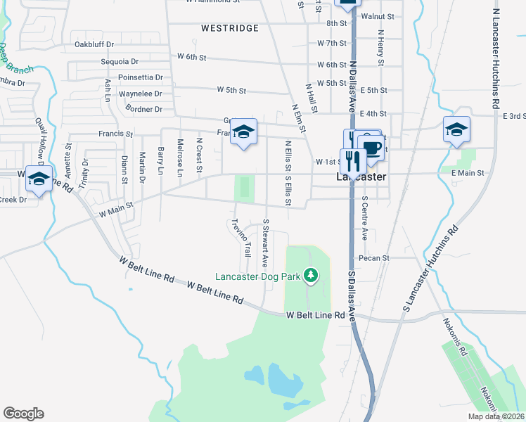 map of restaurants, bars, coffee shops, grocery stores, and more near 502 W Redbud Ln in Lancaster