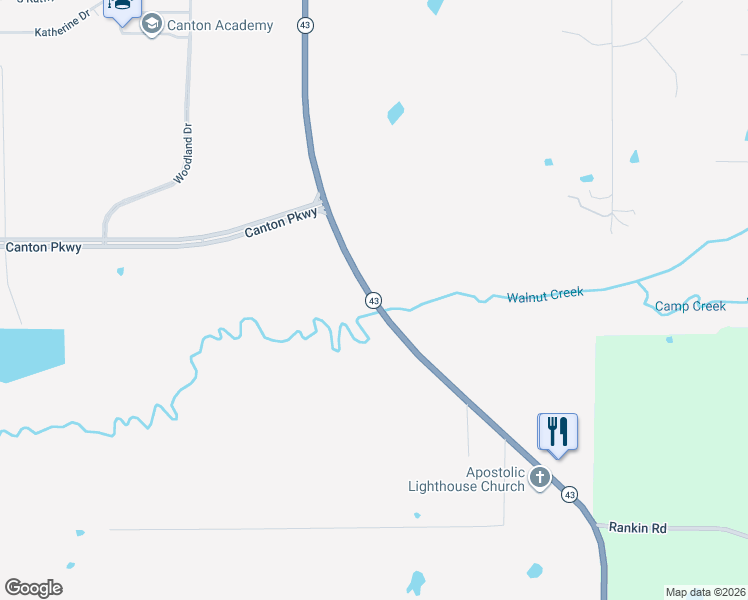 map of restaurants, bars, coffee shops, grocery stores, and more near 1573 Mississippi 43 in Canton