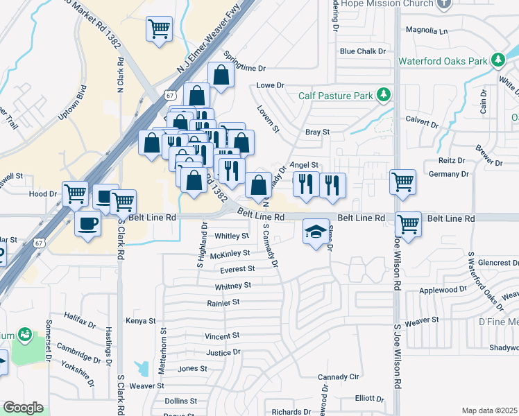 map of restaurants, bars, coffee shops, grocery stores, and more near 489 Farm to Market Road 1382 in Cedar Hill
