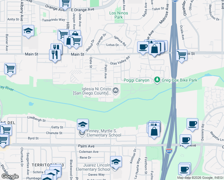 map of restaurants, bars, coffee shops, grocery stores, and more near 333 Palm Avenue in Chula Vista