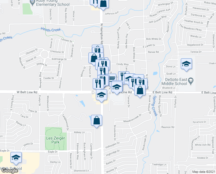 map of restaurants, bars, coffee shops, grocery stores, and more near 105 North Lyndalyn Avenue in DeSoto