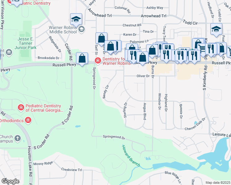 map of restaurants, bars, coffee shops, grocery stores, and more near 126 Cathy Court in Warner Robins
