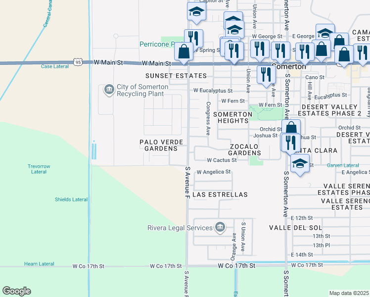 map of restaurants, bars, coffee shops, grocery stores, and more near South Avenue F in Somerton