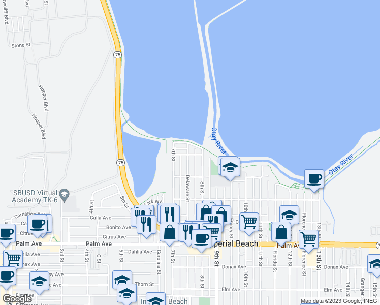 map of restaurants, bars, coffee shops, grocery stores, and more near 381 Delaware Street in Imperial Beach