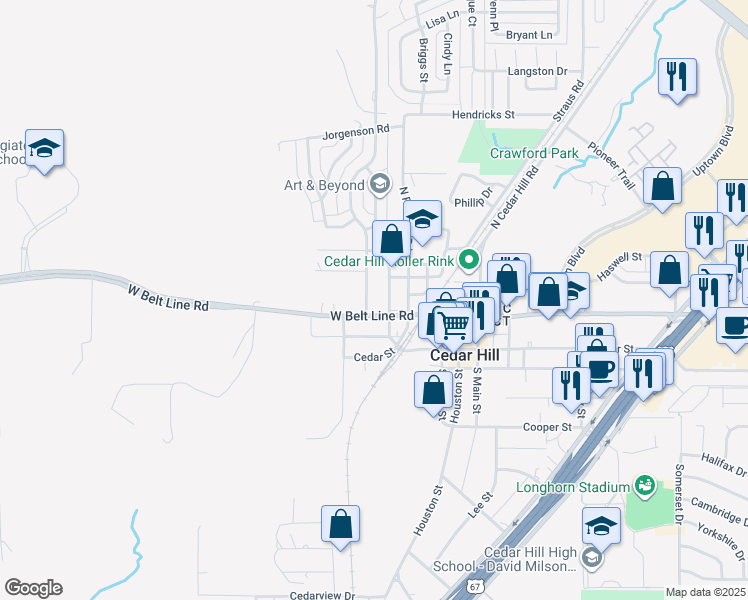 map of restaurants, bars, coffee shops, grocery stores, and more near 115 Meadow Ridge Drive in Cedar Hill