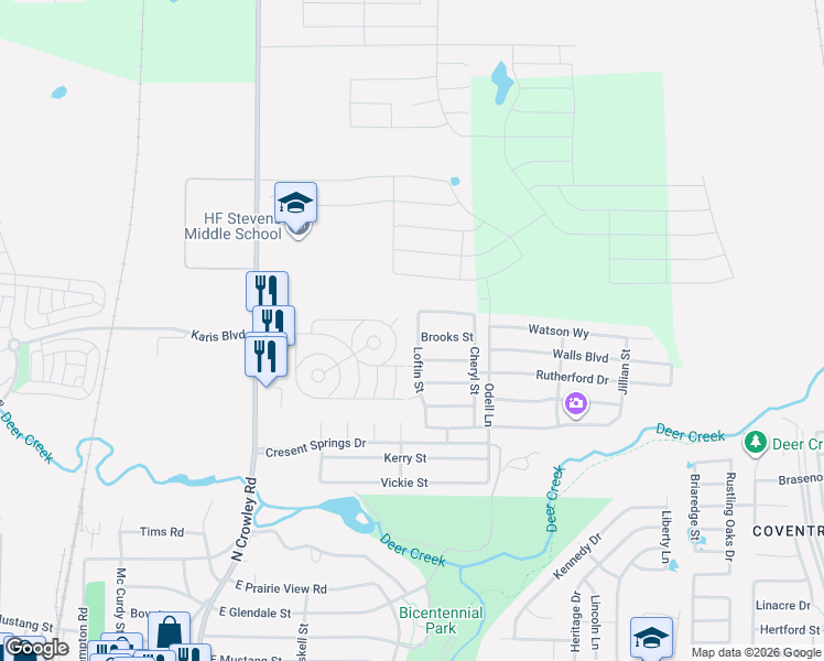 map of restaurants, bars, coffee shops, grocery stores, and more near 929 Loftin Street in Crowley
