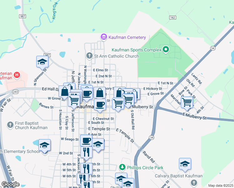 map of restaurants, bars, coffee shops, grocery stores, and more near 208 North Nash Street in Kaufman