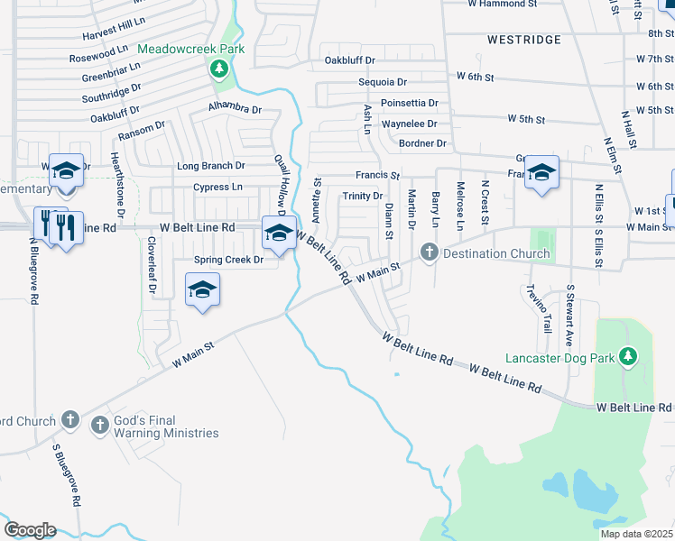 map of restaurants, bars, coffee shops, grocery stores, and more near 558 West Belt Line Road in Lancaster