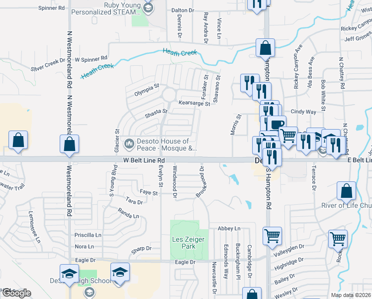map of restaurants, bars, coffee shops, grocery stores, and more near 450 West Belt Line Road in DeSoto
