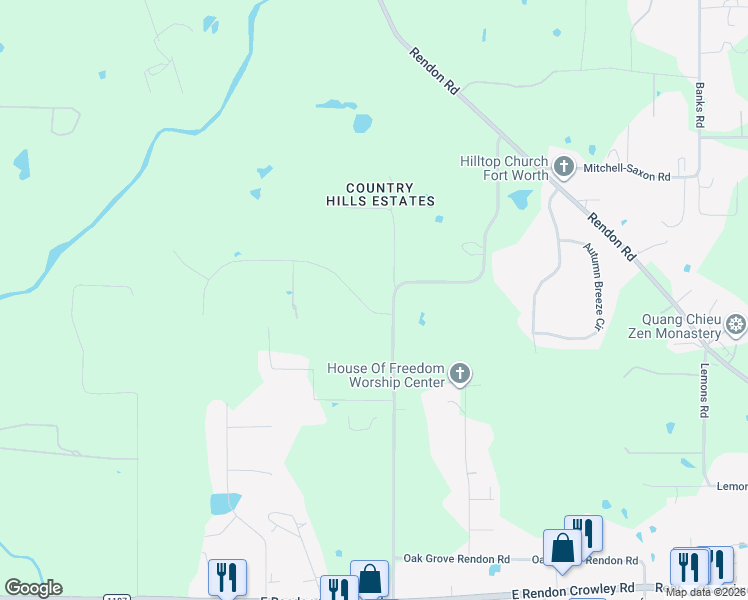 map of restaurants, bars, coffee shops, grocery stores, and more near 4453 Country Hill Road in Fort Worth
