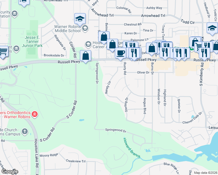 map of restaurants, bars, coffee shops, grocery stores, and more near 225 Randy Circle in Warner Robins
