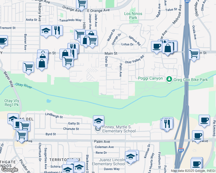 map of restaurants, bars, coffee shops, grocery stores, and more near 345 Date Street in Chula Vista