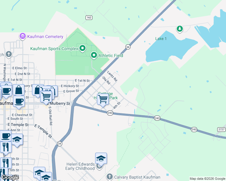 map of restaurants, bars, coffee shops, grocery stores, and more near 1700 Ola Road in Kaufman