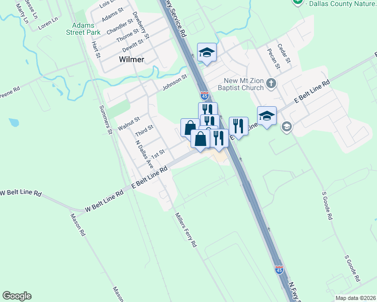 map of restaurants, bars, coffee shops, grocery stores, and more near 329 East Belt Line Road in Wilmer