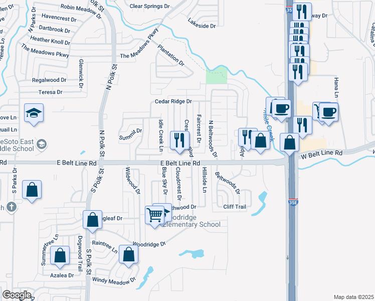 map of restaurants, bars, coffee shops, grocery stores, and more near 100 Faircrest Drive in DeSoto
